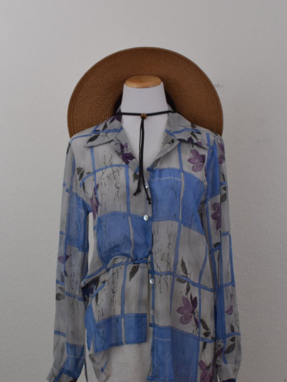 Vintage 1980s Floral Sheer Polyester Button‎ up Blouse by TESS size S